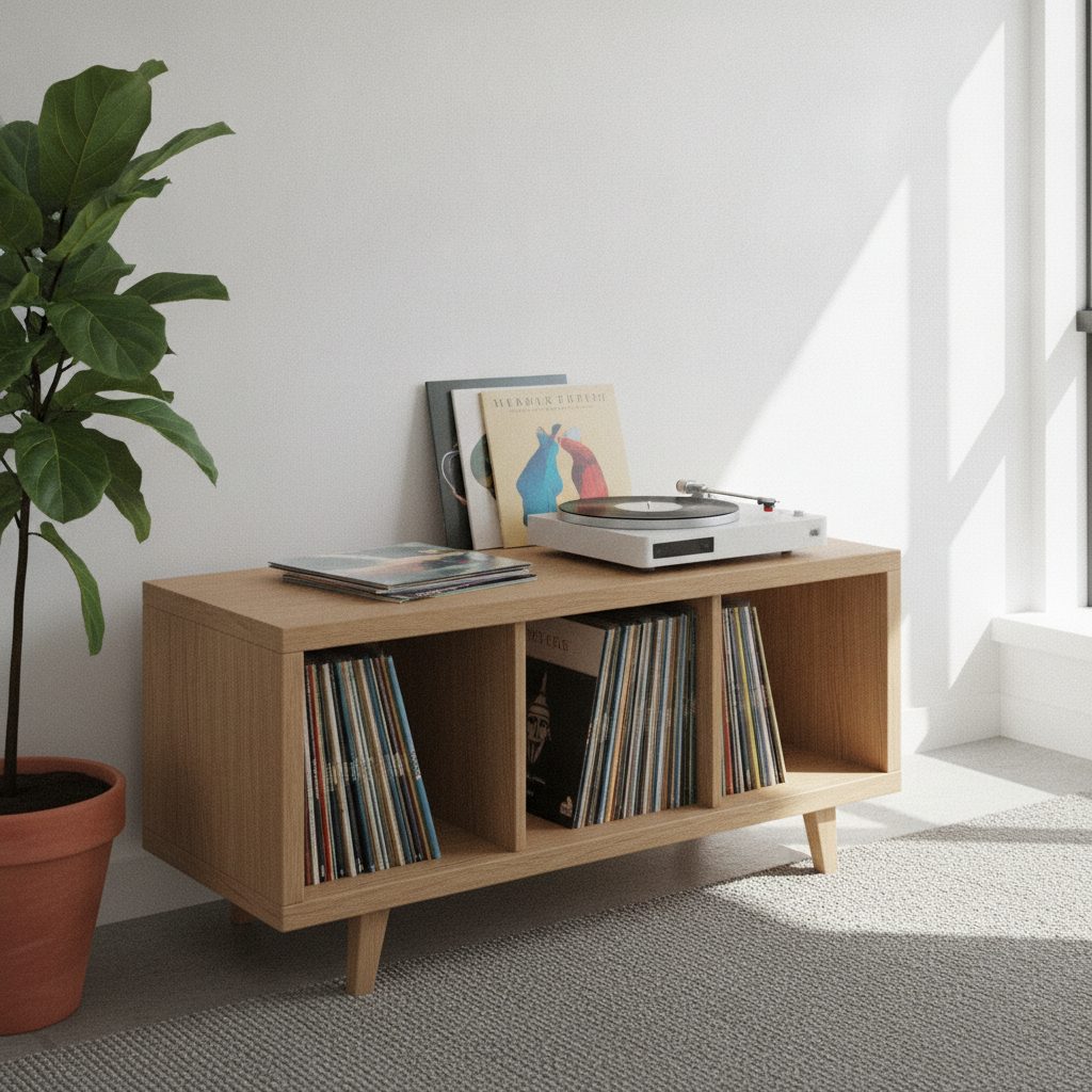 Kast met platenspeler en vinylplaten